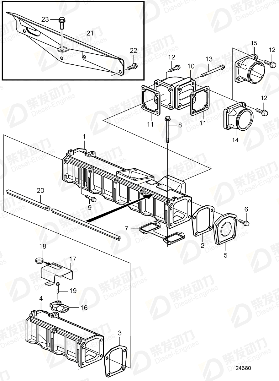 VOLVO Charge air pipe, air intake on left side 20972550 Drawing